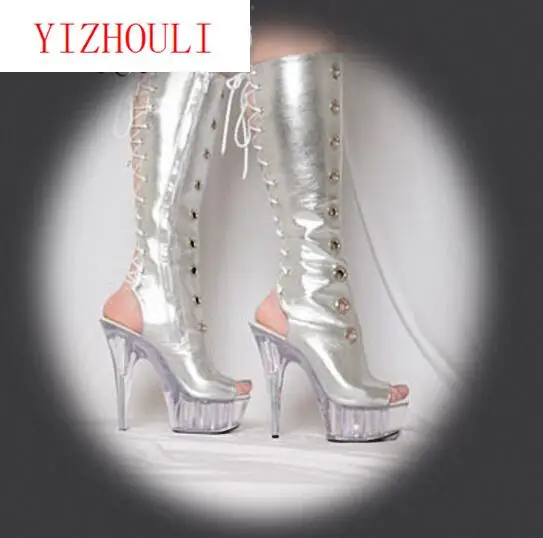 

15cm Fashion knight female platform ladies high heel knee high boots woman open toe shoes pu strappy boots clubbing high heels