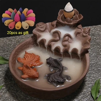 Goldfish Backflow Incense Burner Home Decor Ceramic Goldfish Incense Stick Holder Lotus Buddhist Censer with 20Pcs Incense Cones
Goldfish Backflow Incense Burner Home Decor Ceramic Goldfish Incense Stick Holder Lotus Buddhist Censer with 20Pcs Incense Cones
