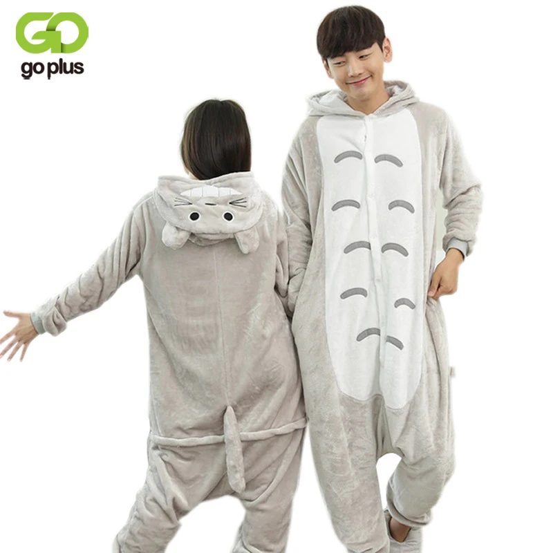 Image Winter Onsie Cartoon Totoro Onesie Adult Animal Sleepwear Flannel Animal Pajamas OnePpiece Cosplay Totoro Couple Pajamas Mujer