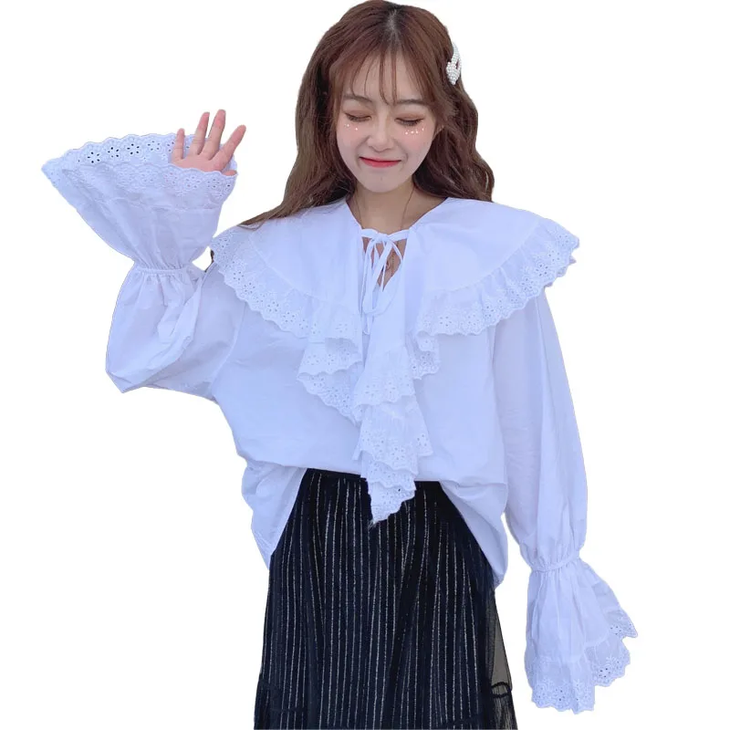 2019 Korean Women Ruffle Flare Long Sleeve White Shirt Blouse Female Vintage Lace Embroidery Elegant Ladies Tops Lace Up Blouses
2019 Korean Women Ruffle Flare Long Sleeve White Shirt Blouse Female Vintage Lace Embroidery Elegant Ladies Tops Lace Up Blouses