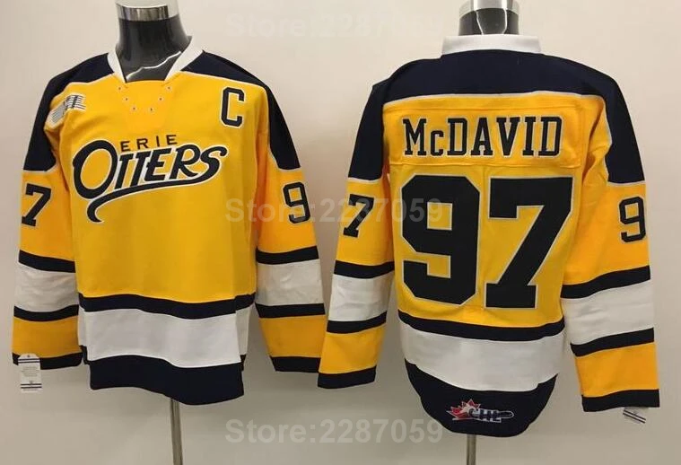NHL Edmonton Oilers 97 Connor McDavid Yellow College Erie Otters Premier OHL With COA Ice Hockey Jersey