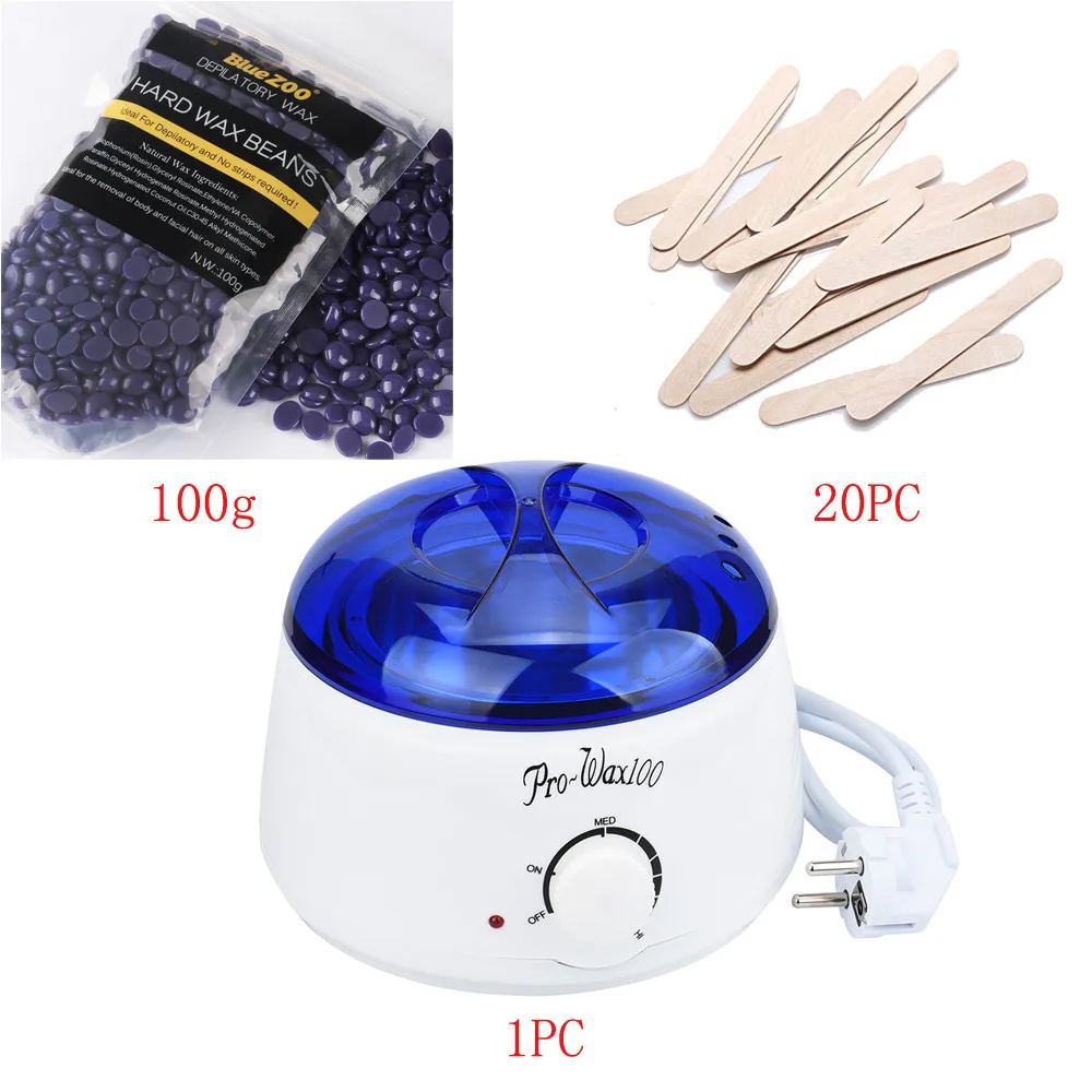 

2018 Hair Removal Wax Strip Lavender Hair Removal Beans 20pcs Wiping Sticks EU Plug Hot Wax Warmer Heater Pot Depilatory Set