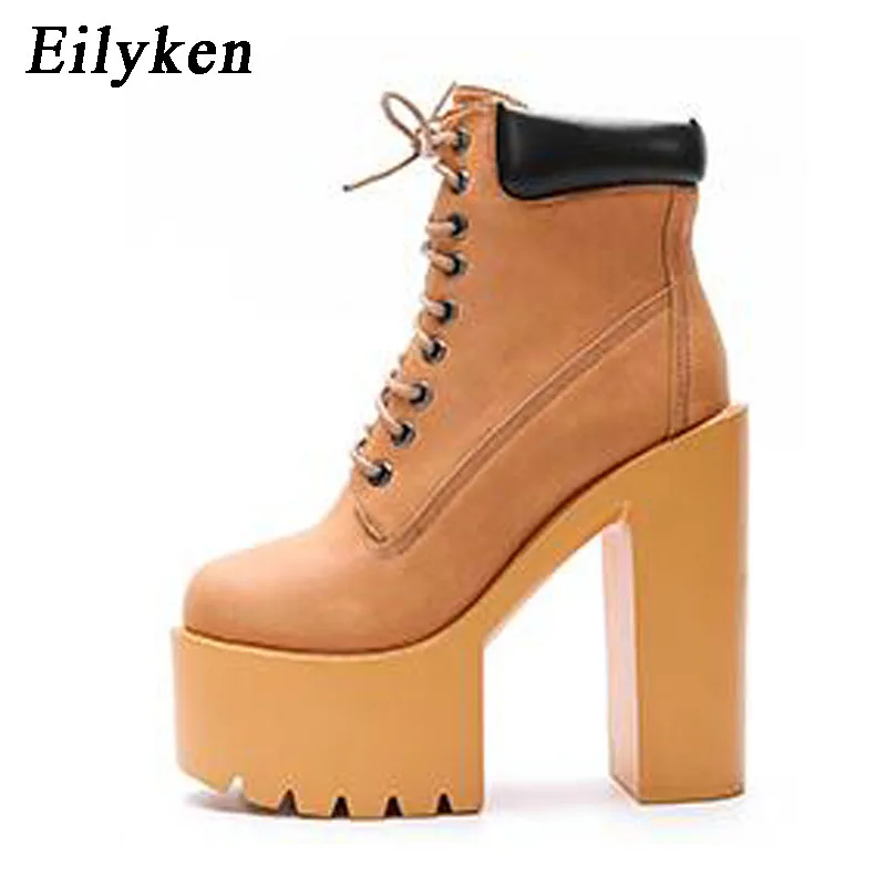 

Eilyken Fashion Autumn Platform Ankle Boots Lace Up Thick Heel Pumps Women Boots Ladies Worker Boots Black size 34-39