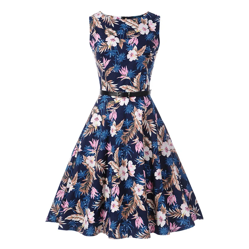 Kostlish Floral Print Summer Dress Women Sleeveless 50s Tunic Vintage Dress With Belt 2017 Elegant Swing Party Dresses Sundress (8)