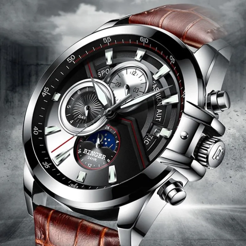 2019 Skeleton watch Switzerland BINGER Fashion Swimming Automatic Watch Men Waterproof Calendar Moon phase Leather band Luminous
2019 Skeleton watch Switzerland BINGER Fashion Swimming Automatic Watch Men Waterproof Calendar Moon phase Leather band Luminous