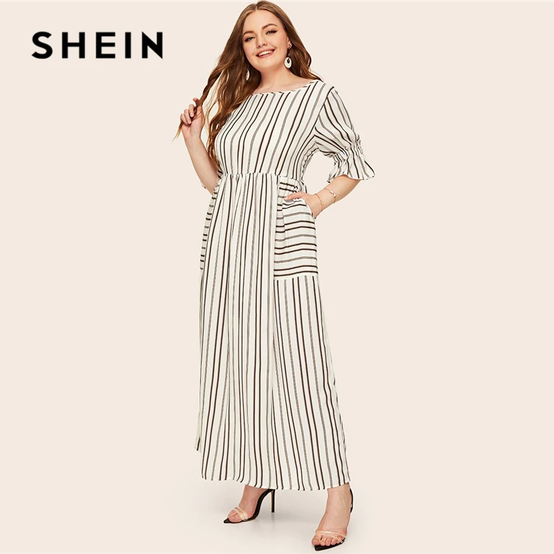 SHEIN Plus Size Flounce Sleeve Patch Pocket Striped Dress 2019 Women Spring Summer Casual Half Sleeve High Waist Maxi Dresses
SHEIN Plus Size Flounce Sleeve Patch Pocket Striped Dress 2019 Women Spring Summer Casual Half Sleeve High Waist Maxi Dresses