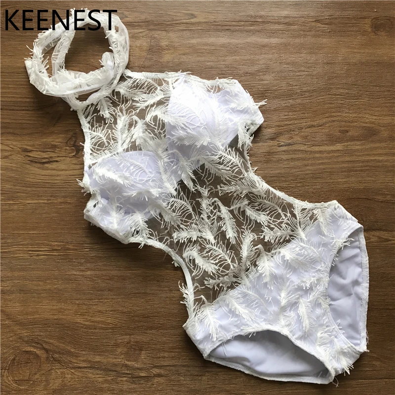 Летнее бикини KEENEST 2018 сиамское с белыми перьями Сетчатое кружевное кружевной