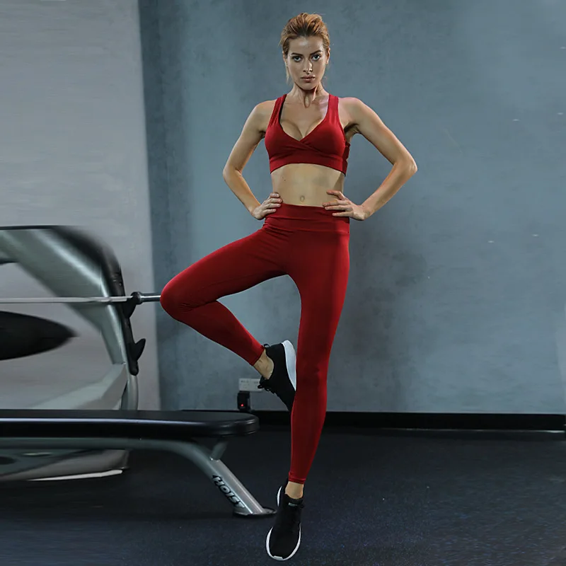 Sports Suit Women V Neck Tanks Tracksuits Crop Tops Slim Tights Tanks + Sexy Leggings Suit Set Clothing for Women's Fitness (1)