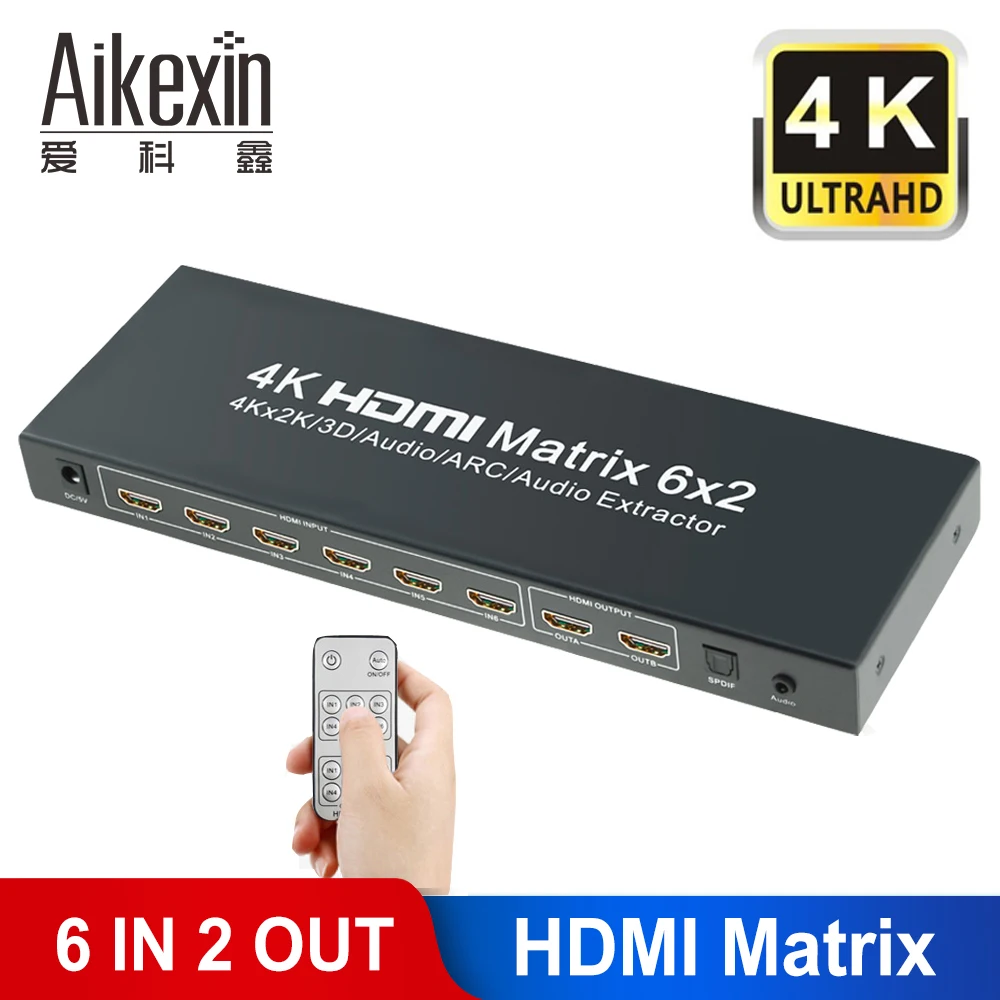 Aikexin HDMI Matrix Switch,6 x 2 HD 4K HDMI Switcher with Audio Extractor Function, 3D, SPDIF or 3.5mm Audio Output Supported
Aikexin HDMI Matrix Switch,6 x 2 HD 4K HDMI Switcher with Audio Extractor Function, 3D, SPDIF or 3.5mm Audio Output Supported
