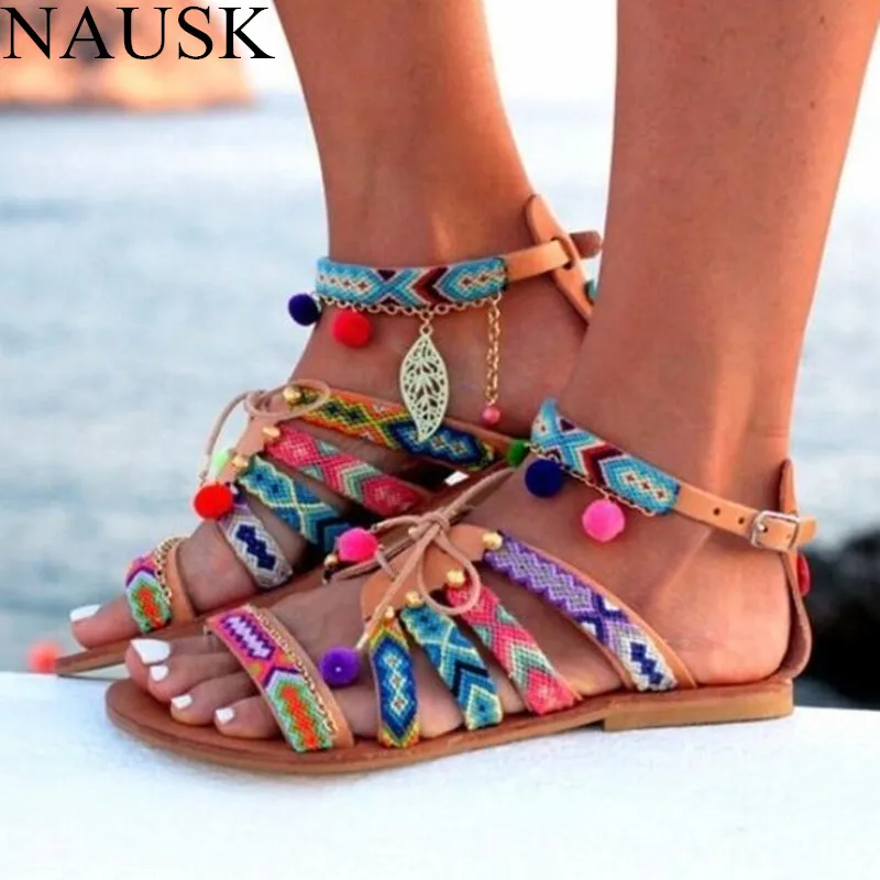 

NAUSK Plus Size 34-43 Ethnic Bohemian Summer Woman Pompon Sandals Gladiator Roman Strappy Embroidered Shoes Flat Sandalias Mujer