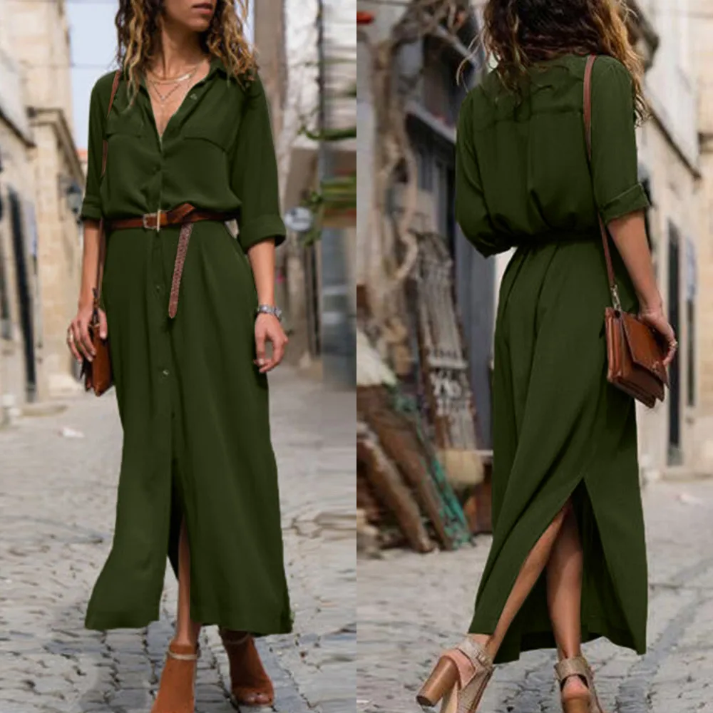 Women's Solid Long Sleeve Casual Loose Dress V-Neck Button Split Hem 2018 Sexy Party Long Dress Fashion Female dresses
Women's Solid Long Sleeve Casual Loose Dress V-Neck Button Split Hem 2018 Sexy Party Long Dress Fashion Female dresses