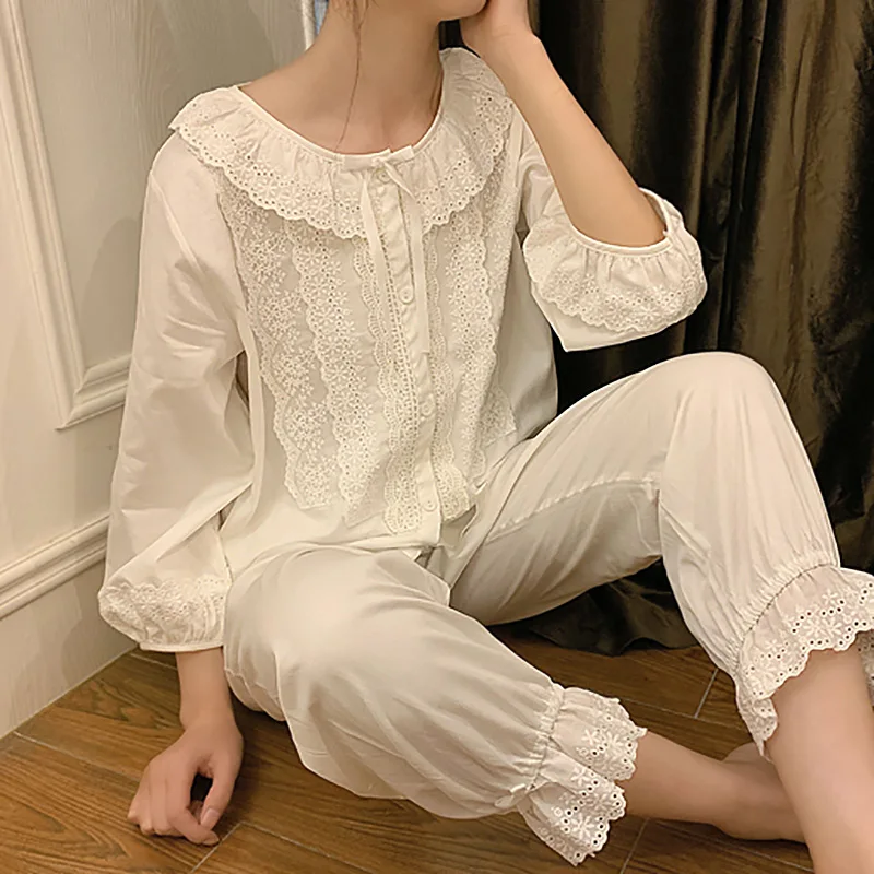 

Women Lolita Multilayer Lace Pajama Sets.Cotton Ruffles Tops+Long Pants.Vintage Lady Pyjamas Set.Victorian Sleepwear Loungewear