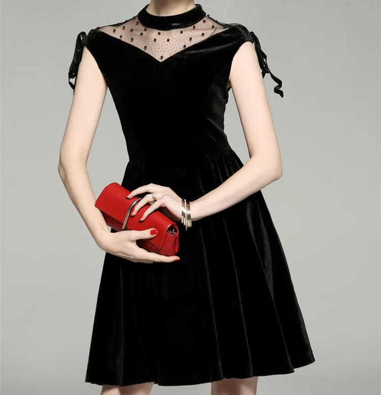 Women Fashion Dress Stand Collar See-through Beading Bowtie Short Sleeve Velvet Dress Classic Black Dress Femme Vestidos Robe
Women Fashion Dress Stand Collar See-through Beading Bowtie Short Sleeve Velvet Dress Classic Black Dress Femme Vestidos Robe