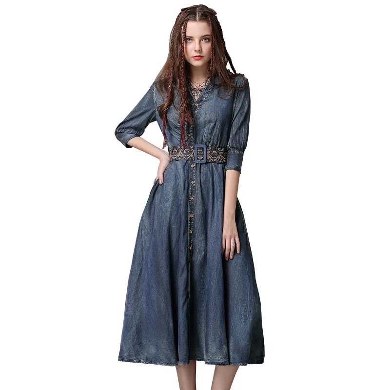 Spring Summer Dress 2018 New Women V-neck Half Sleeve Boho A-line embroidery Vintage Denim Long Dresses With belt
Spring Summer Dress 2018 New Women V-neck Half Sleeve Boho A-line embroidery Vintage Denim Long Dresses With belt