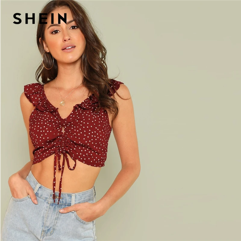 

SHEIN Boho Drawstring Front Crop Top With Ruffle Strap Women 2019 Summer Streetwear Morden Lady Polka Dot Basics Vests