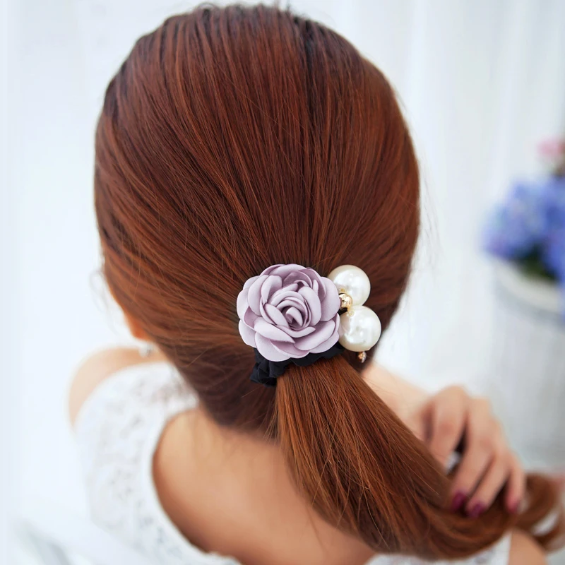 

Bow Flower Decor Diamante Elastic Cloth Hair Band Women Pearls Scrunchy Floral Headband Wholesale Ribbon Stripe Ponytail Holder