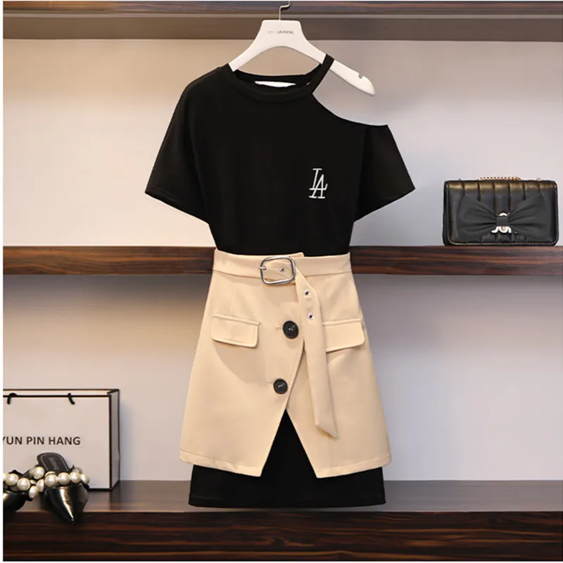 L-4XL 2019 Summer Women Black T-shirt dress + Skirt 2 pcs set Female Casual Suits Oversize A1110
L-4XL 2019 Summer Women Black T-shirt dress + Skirt 2 pcs set Female Casual Suits Oversize A1110