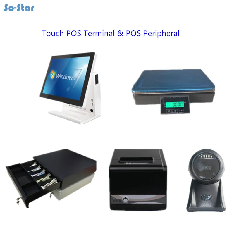 

15" Touch Screen POS Termainal Systems Machines Cash Drawers Thermal Receipt Printer 1D&2D Barcode Scanner Weighing Scale