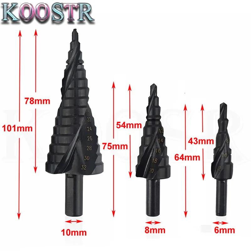 High speed steel spiral groove nitrogen-containing step drill 4-32mm step drill multi-function drill 3-piece set
High speed steel spiral groove nitrogen-containing step drill 4-32mm step drill multi-function drill 3-piece set