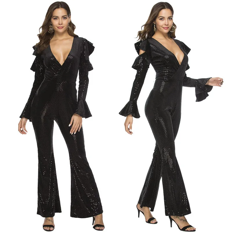 Long Sleeve Womens Cold Off Shoulder Ruffled Jumpsuit Sequins New Flare Leg Party Playsuit Romper Bodysuits Jumpsuits Overalls
Long Sleeve Womens Cold Off Shoulder Ruffled Jumpsuit Sequins New Flare Leg Party Playsuit Romper Bodysuits Jumpsuits Overalls