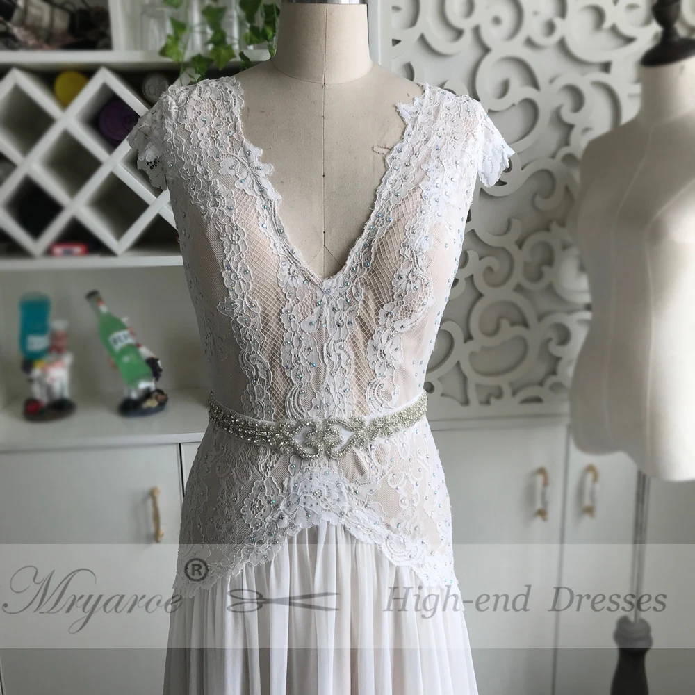 Mryarce Elegant V Neck Glitter Lace Open Back Wedding Dress Boho Chic Bridal Gowns With Rhinestone Belt (5)