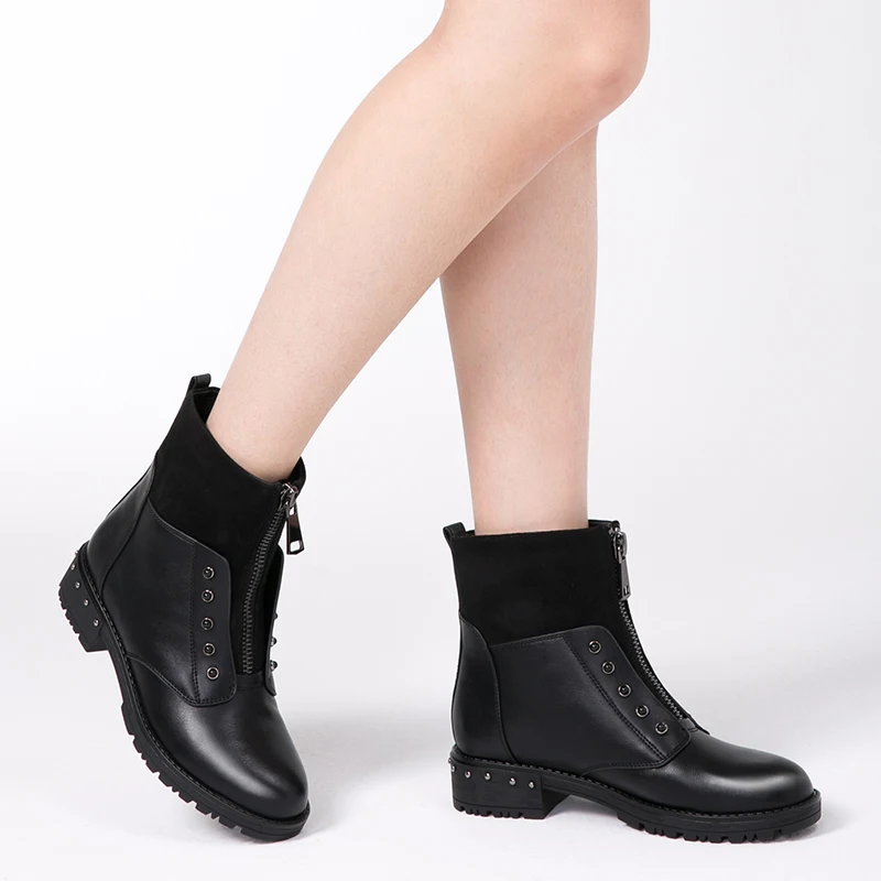 AIMEIGAO Front Zipper Black Ankle Boots For Women Warm Fur Plush Insole Women Boots Low Heel Cool Style Autumn Women Shoes