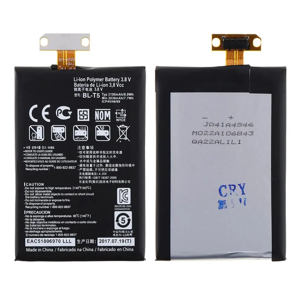 BL-T5 3.8V 2100mAh Mobile Cell Phone Original Li-ion Replacement Battery with PTC Protection for E960 Nexus4 E970 E975 F180 E973
BL-T5 3.8V 2100mAh Mobile Cell Phone Original Li-ion Replacement Battery with PTC Protection for E960 Nexus4 E970 E975 F180 E973