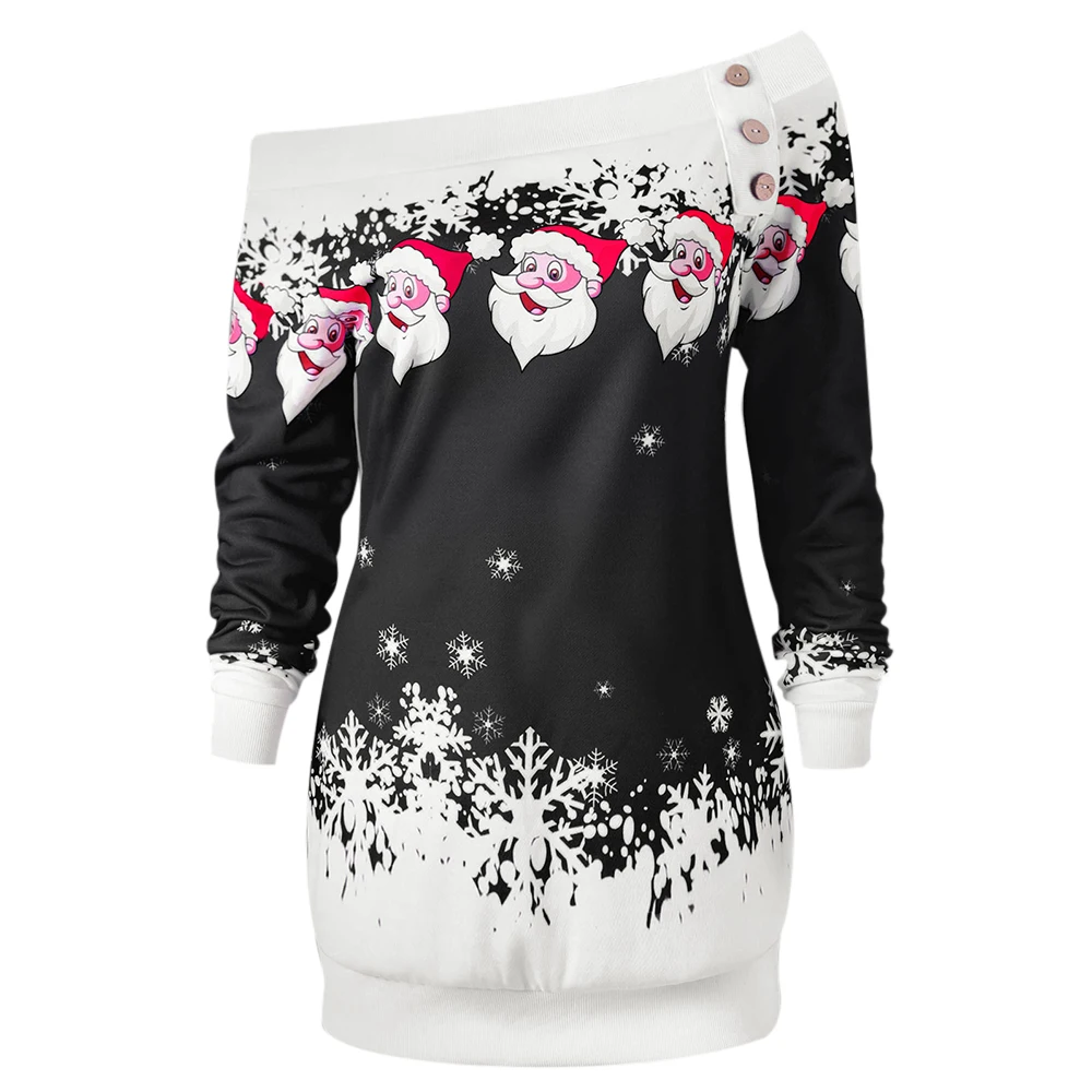 

Wipalo Christmas Sweatshirt Women New Fashion Santa Claus Snowflake Skew Neck Autumn Causal Long Pullover Jumper Sweatshirts Top