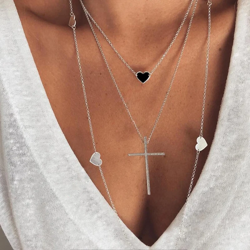Bohemian Multi-layer Love Cross Necklace For Women Silver Ladies Jewelry Gift Collier Femme | Украшения и аксессуары
