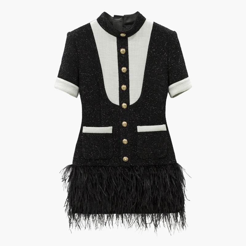 HIGH QUALITY Newest 2018 Stylisy Designer Dress Women's Short Sleeve Color Block Feather Embellished Tweed Dress
HIGH QUALITY Newest 2018 Stylisy Designer Dress Women's Short Sleeve Color Block Feather Embellished Tweed Dress