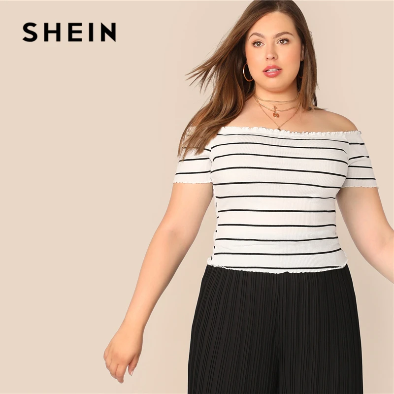 

SHEIN Plus Size Lettuce Trim Striped Bardot Black and White Top Tee 2019 Women Summer Off The Shoulder Casual Slim Fit T-Shirt