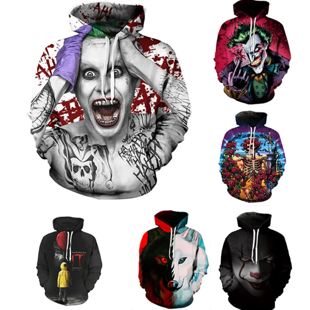 2018 clown Harleen Quinzel Joker Hooded sweater Cosplay Costumes 3d digital printing clown Joker Sweatshirts carnival Costumes
2018 clown Harleen Quinzel Joker Hooded sweater Cosplay Costumes 3d digital printing clown Joker Sweatshirts carnival Costumes