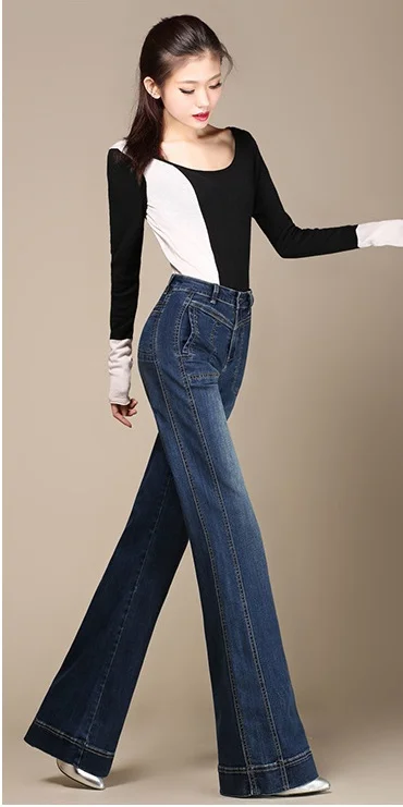 Free Shipping Women Wide Leg Jeans Ladys Fashion Full Length Big Straight trousers Boot Cut Flares Pants Large Size 26-40 | Женская