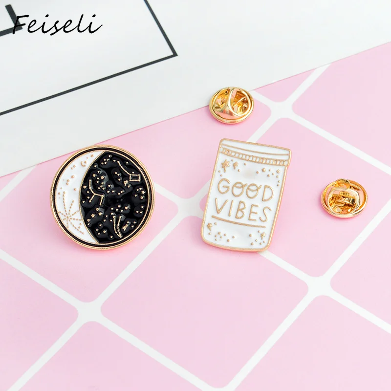 Feiseli Black White Cartoon GOOD VIBES Constellation Space Universe War Brooch For Women Denim Collar Corsage Pins Jewelry Gift
Feiseli Black White Cartoon GOOD VIBES Constellation Space Universe War Brooch For Women Denim Collar Corsage Pins Jewelry Gift