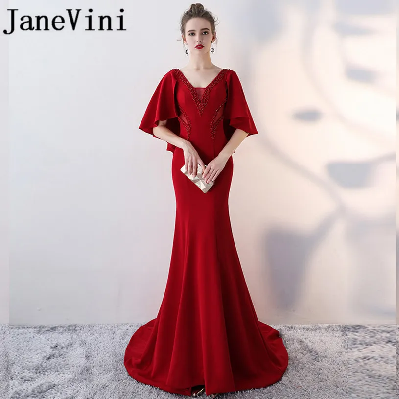 JaneVini Burgundy Beaded Mermaid Long Bridesmaid Dresses Satin V-Neck Short Sleeve Lace-up Back Sweep Train Robe Longue Rouge
JaneVini Burgundy Beaded Mermaid Long Bridesmaid Dresses Satin V-Neck Short Sleeve Lace-up Back Sweep Train Robe Longue Rouge