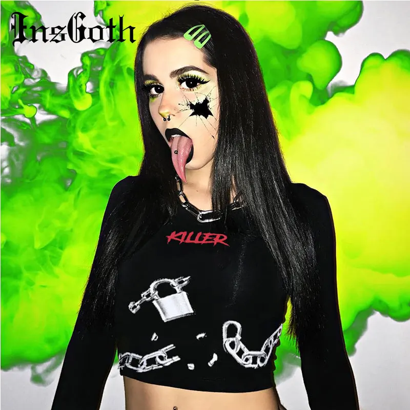 InsGoth Women Black Crop Top T-shirts Gothic Hip Hop Chain Printed T-shirt Streetwear Long Sleeve Crop Top Female Sexy Slim Top
InsGoth Women Black Crop Top T-shirts Gothic Hip Hop Chain Printed T-shirt Streetwear Long Sleeve Crop Top Female Sexy Slim Top