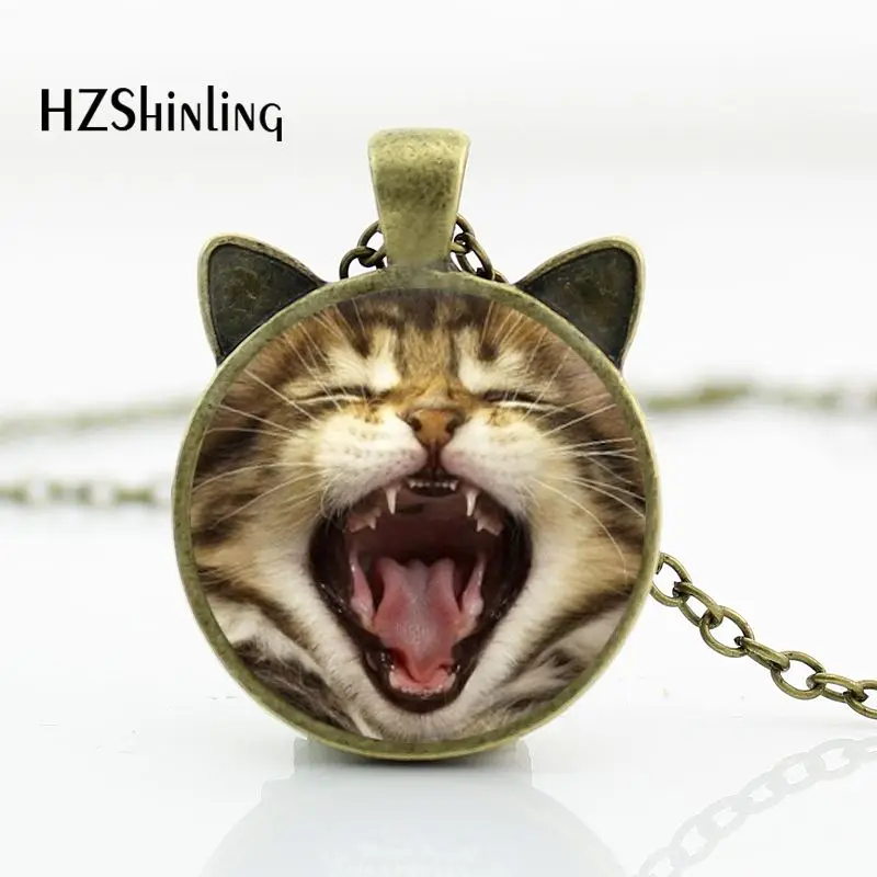 

CN-00792 2017 New Yawning Cat Necklace Brown Cat Pendant Jewelry Girls Glass Cabochon Necklace HZ2