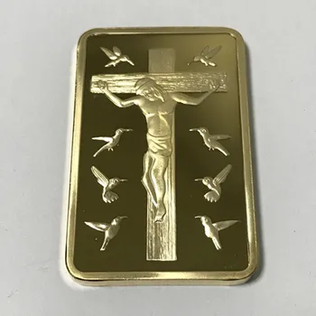 

1 pcs The Jesus handed on corss Ten Commandents coin 1 OZ 24K gold plated ingot badge 50 mm x 28 mm home decoration bars
