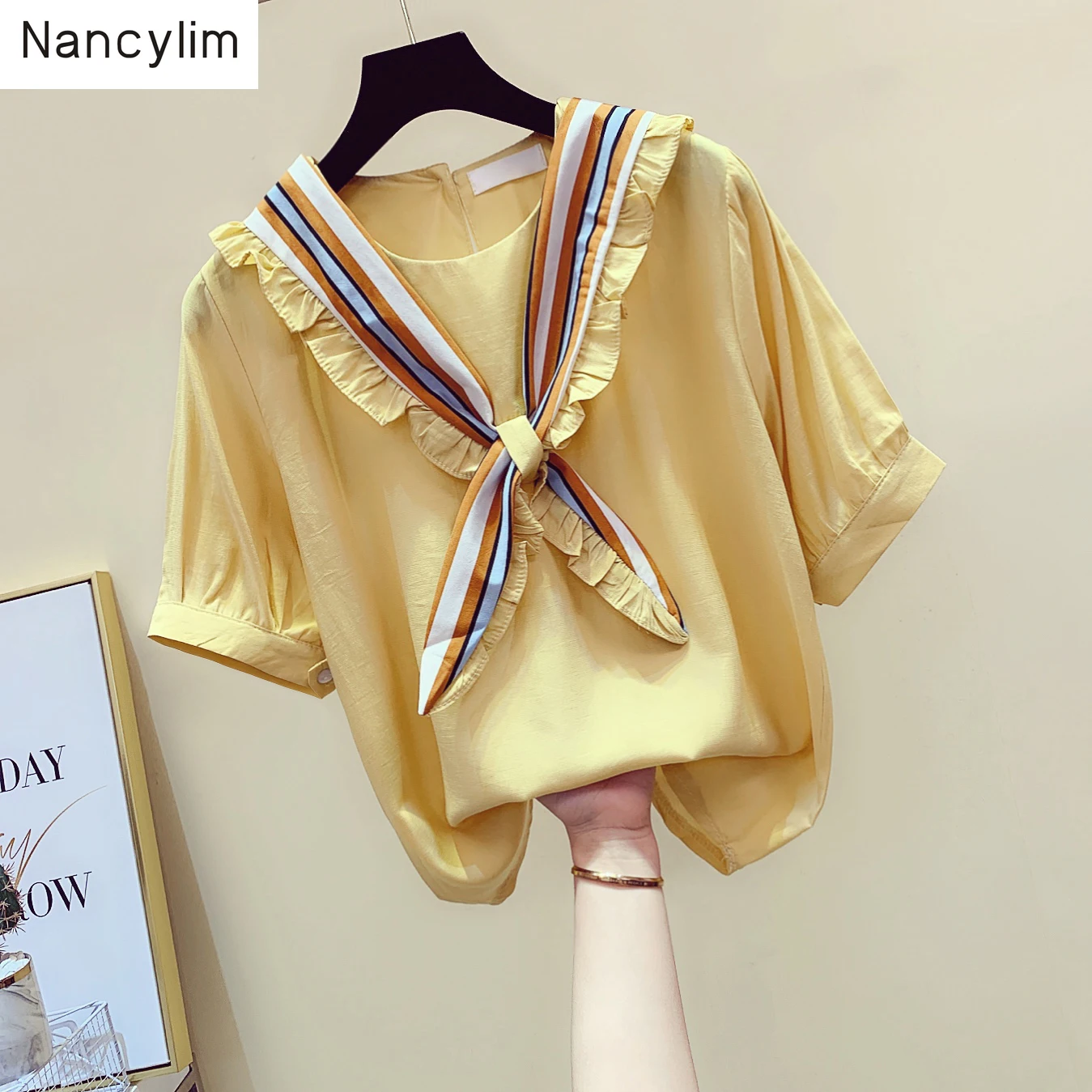 Ruffles Shirt Female Summer New Doll Neckline Bow Tie Loose Short Sleeved Chiffon Blouse Shirts Student Tops Nancylim Top
Ruffles Shirt Female Summer New Doll Neckline Bow Tie Loose Short Sleeved Chiffon Blouse Shirts Student Tops Nancylim Top