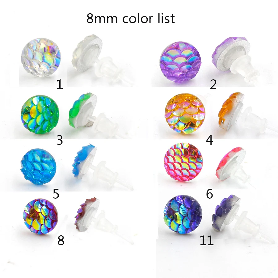 Fnixtar 8mm 2 Style Stainless Steel Plastic Druzy Resin Mermaid Fish Scale Pattern Dome Seals Cabochon Stud Earrings 3pairs/lot | Украшения