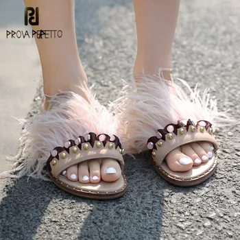 Prova Perfetto New Hot Genuine Leather Women Fur Slippers Rhinestone Feather Decor Fashion Outside Slides Flat Shoes Woman 
Prova Perfetto New Hot Genuine Leather Women Fur Slippers Rhinestone Feather Decor Fashion Outside Slides Flat Shoes Woman