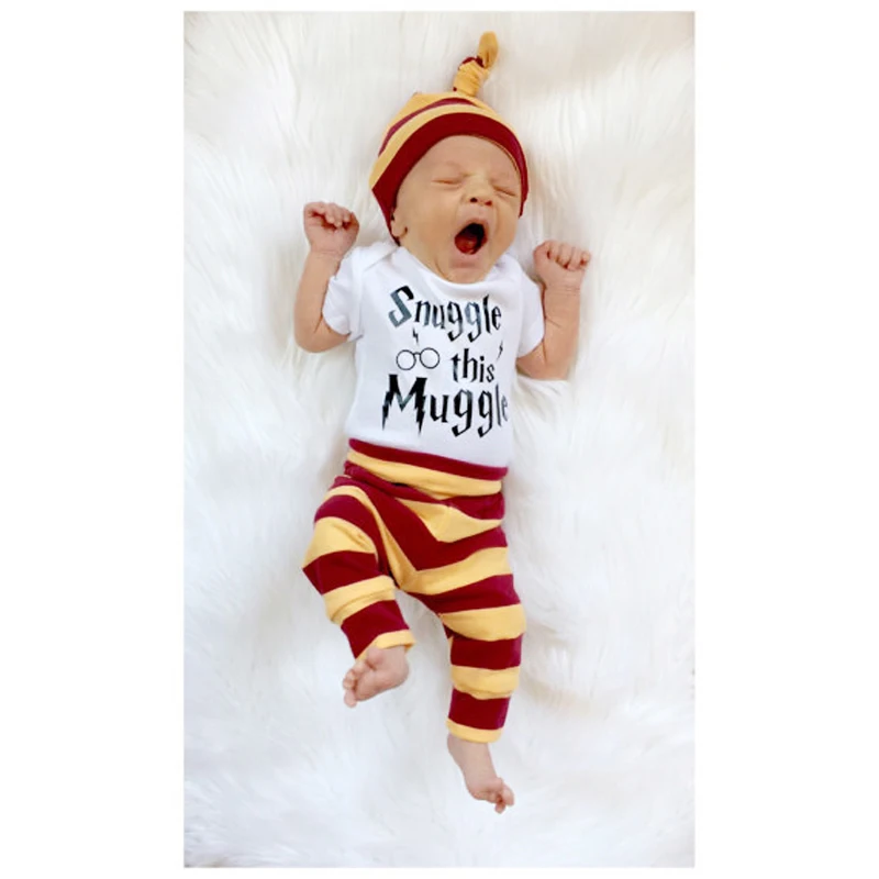 

2019 Newborn Baby boys girls clothing set Letter print Snuggle this Muggle 3PCS Bodysuit+Stripe Pants+Hat Outfits clothes sets