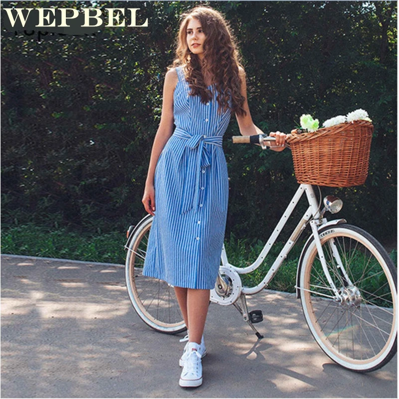 Wepbel Women's Party Blue Striped Sleeveless Dress Sexy Summer Bandage Single-Breasted Dress
Wepbel Women's Party Blue Striped Sleeveless Dress Sexy Summer Bandage Single-Breasted Dress