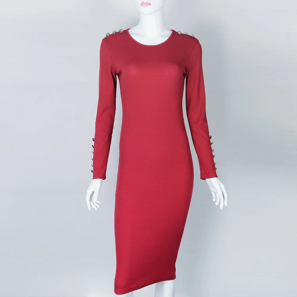 red Long Sleeve Knitted Bodycon Midi Dress 