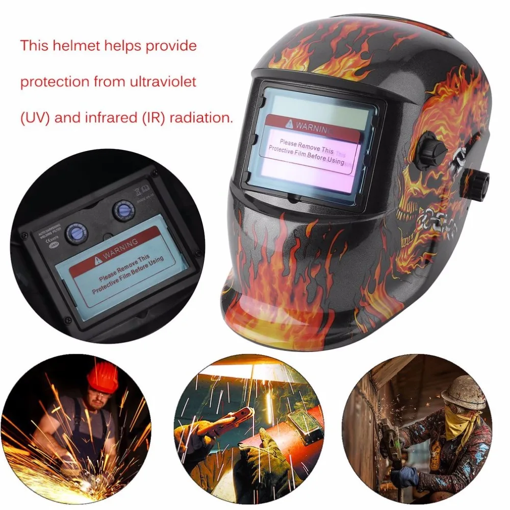 Solar Power Safty Auto Darkening Adjustable Shade Range TIG MIG MMA Electric Welding Mask Helmet Solder Cap Flaming Skull Design
Solar Power Safty Auto Darkening Adjustable Shade Range TIG MIG MMA Electric Welding Mask Helmet Solder Cap Flaming Skull Design