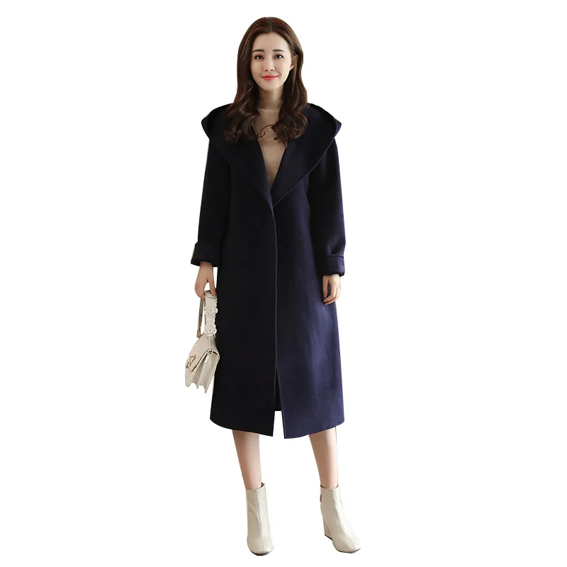 Фото Повседневное однотонное длинное шерстяное пальто женские тонкие ленты Женская