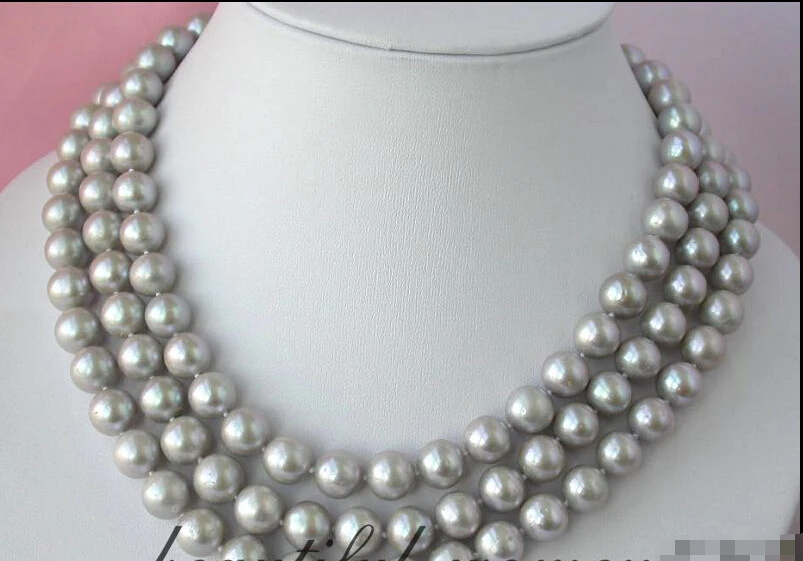 

Fast SHIPPING * 2363 3row 11mm round gray freshwater pearl necklace silver mabe (A0329)