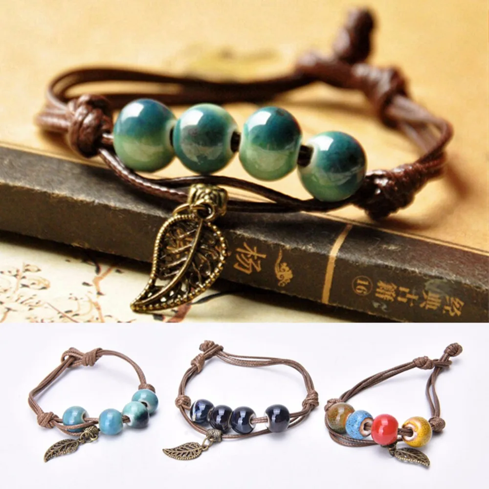 Ethnic Original Bronze Leaves Bracelet Handmade Leather Rope Glaze Ceramic Beads Woven Bracelet Fine Bracelet for Girl Gift 1PCS
Ethnic Original Bronze Leaves Bracelet Handmade Leather Rope Glaze Ceramic Beads Woven Bracelet Fine Bracelet for Girl Gift 1PCS