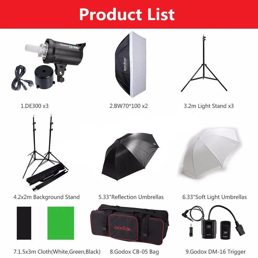 Free DHL Godox 900W Studio Flash Lighting Kit 3 X 300W Photography Strobe light & Softbox & Light Stand Portrait KitCD50
Free DHL Godox 900W Studio Flash Lighting Kit 3 X 300W Photography Strobe light & Softbox & Light Stand Portrait KitCD50