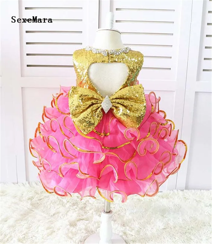 

Tiered ruffles Cupcake Gold sequined Rose Pink kid Pageant Dress glitz girl outfit Toddler Baby Birthday party Dresses